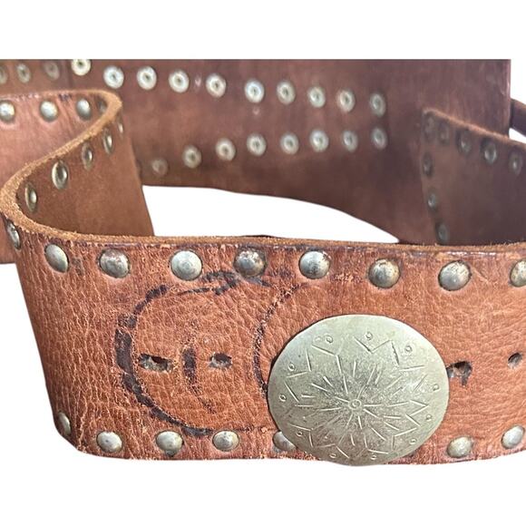 Vintage Studded Leather Wrap Belt Engraved Metal Slide Artisan Boho Adjustable main image 5